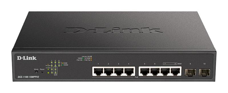 Коммутатор D-Link DGS-1100-10MPPV2/A3A, L2 Smart Switch with 8 10/100/1000Base-T ports and 2 1000Base-X SFP ports (6 PoE ports 802.3af/802.3at (30 W), 2 ports 802.3af/802.3at/802.3bt (90W), PoE Budget 242 W).8K