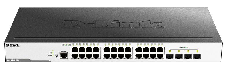 Коммутатор D-Link DGS-3000-28L/B1A, L2 Managed Switch with 24 10/100/1000Base-T ports and 4 1000Base-X SFP ports.16K Mac address, 802.3x Flow Control, 4K of 802.1Q VLAN, VLAN Trunking, 802.1p Priority Queues, T