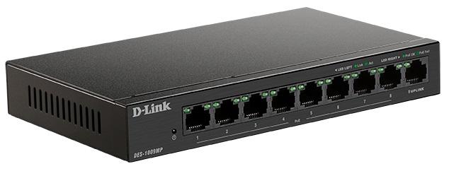 Коммутатор D-Link DES-1009MP/A1A, L2 Unmanaged Switch with 8 10/100Base-TX ports and 1 10/100/1000Base-T port (8 PoE ports 802.3af/802.3at(30W), PoE budget 117W).2K Mac address, Auto-sensing, Auto MDI/MDIX adjus