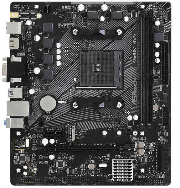 Материнская плата ASROCK A520M-HVS, AM4, A520, 2*DDR4, D-Sub+HDMI, 4xSATA3 6.0 (RAID), M.2 Socket, 4xUSB 3.2,  2xUSB 2.0, mATX; 90-MXBE60-A0UAYZ