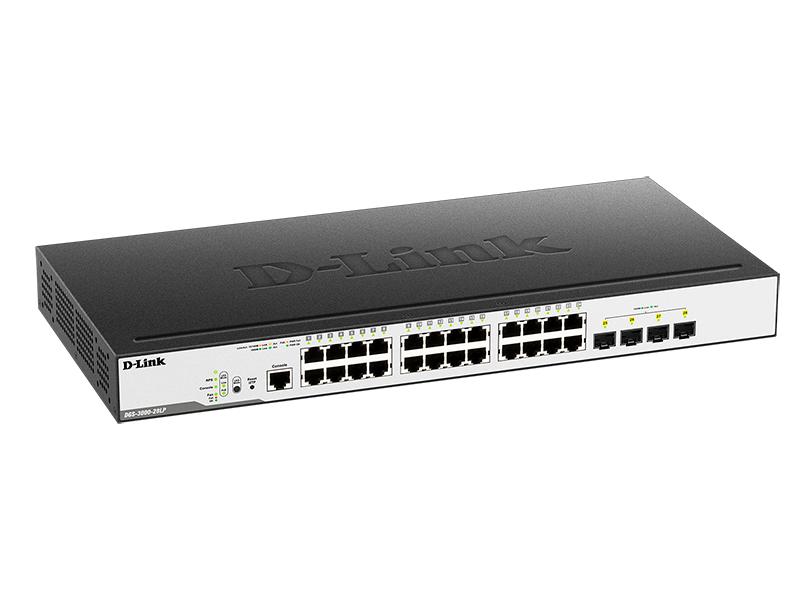 Коммутатор D-Link DGS-3000-28LP/B1A, L2 Managed Switch with 24 10/100/1000Base-T ports and 4 1000Base-X SFP ports (24 PoE ports 802.3af/802.3at (30 W), PoE Budget 193W).16K Mac address, 802.3x Flow Control, 4K