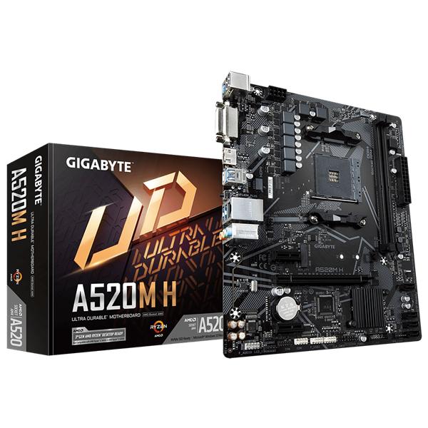 Мат. плата GIGABYTE A520M H, AM4, A520, 2*DDR4, DVI-D+HDMI,  4 SATA 6 Гб/с, M2, Audio, Gb LAN, USB 3.2, USB 2.0, COM*1 header, mATX