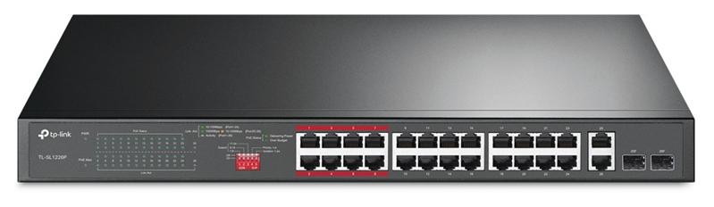  TP-Link 24-портовый 10/100 Мбит/с неуправляемый коммутатор PoE+ с 2 комбо Uplink-портами RJ-45/SFP, металлический корпус, установка в стойку, бюджет PoE - 250 Вт, 250m