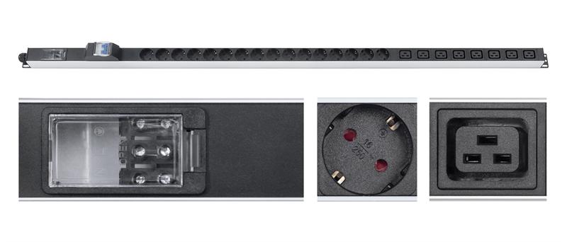  Cabeus PDU-32-16S-8C19-B-T Блок розеток для 19" шкафов, вертикальный, 16 розеток Schuko, 8 розеток IEC 320 C19, 32А, автомат защиты, алюминиевый корпус, клеммная колодка