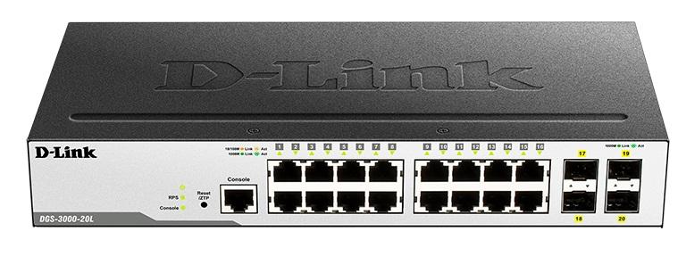 Коммутатор D-Link DGS-3000-20L/B1A, L2 Managed Switch with 16 10/100/1000Base-T ports and 4 1000Base-X SFP ports.16K Mac address, 802.3x Flow Control, 4K of 802.1Q VLAN, VLAN Trunking, 802.1p Priority Queues, T