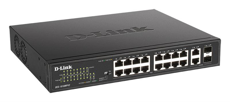 Коммутатор D-Link Unmanaged Switch 16x100Base-TX PoE, 2xCombo 1000Base-T/SFP, PoE Budget 247W, Long-range PoE up to 250m, metal case