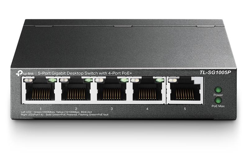  TP-Link 5-портовый гигабитный настольный коммутатор с 4 портами PoE, 5 гигабитных портов RJ45,включая 4 порта PoE, бюджет PoE до 65 Вт, стальной корпус
