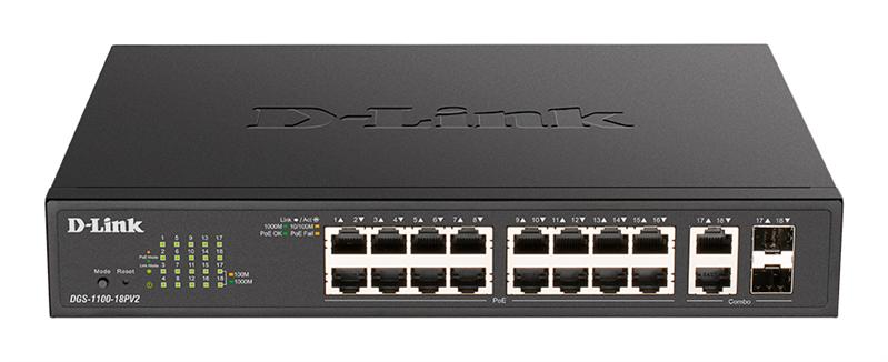 Коммутатор D-Link EasySmart L2 Switch 16х1000Base-T PoE, 2xCombo 1000Base-T/SFP, PoE Budget 130W