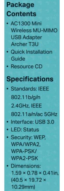 TP-Link Archer T3U, AC1300 Двухдиапазонный мини Wi-Fi USB адаптер, до 400 Мбит/с на 2,4 ГГц + до 867 Мбит/с на 5 ГГц, USB 3.0ОСОБЕННОСТИ: MU-MIMO
