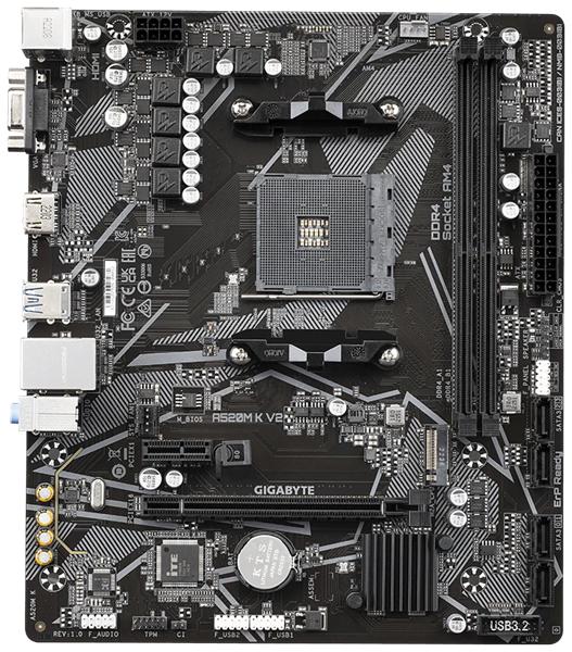 Материнская плата GIGABYTE A520M K V2, AM4, A520, 2*DDR4, D-SUB+HDMI,  4 SATA 6 Гб/с, M2, Audio, Gb LAN, USB 3.2, USB 2.0, mATX