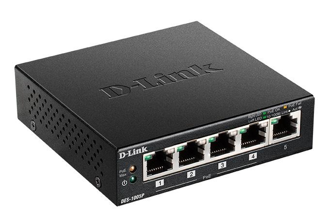 Коммутатор D-Link DES-1005P/B1A, L2 Unmanaged Switch with 5 10/100Base-TX ports (4 PoE ports 802.3af/802.3at (30 W), PoE Budget 60).2K Mac address, Auto-sensing, 802.3x Flow Control, Stand-alone, Auto MDI/MDI-X