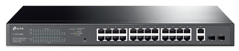  TP-Link 28-портовый Easy Smart коммутатор c 24 портами PoE+, 26 RJ45 портов 10/100/1000 Мбит/с и 2 независимых SFP-слота, поддержка 802.3af/at, PoE-бюджет 250Вт,  19"