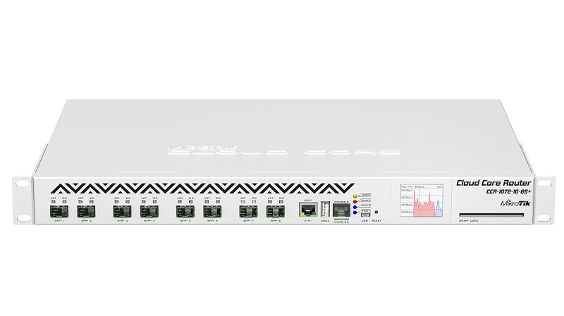 Маршрутизатор MikroTik Cloud Core Router 1072-1G-8S+ with Tilera Tile-Gx72 CPU (72-cores, 1GHz per core), 16GB RAM, 8xSFP+ cage, 1xGbit LAN, RouterOS L6, 1U rackmount case, two redundant hot plug PSU, LCD panel