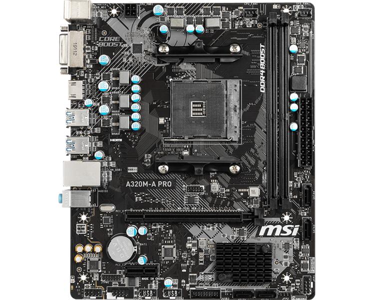 Мат. плата MSI A320M-A PRO 2xDDR4-2400, 1xPCI-Ex16x, 1xPCI-Ex, DVI-D+HDMI, 4xSATA3(RAID 0/1/10), 8 Ch Audio, GLan, (2+4)xUSB2.0, (4+2)xUSB3.1, 2xPS/2, mATX