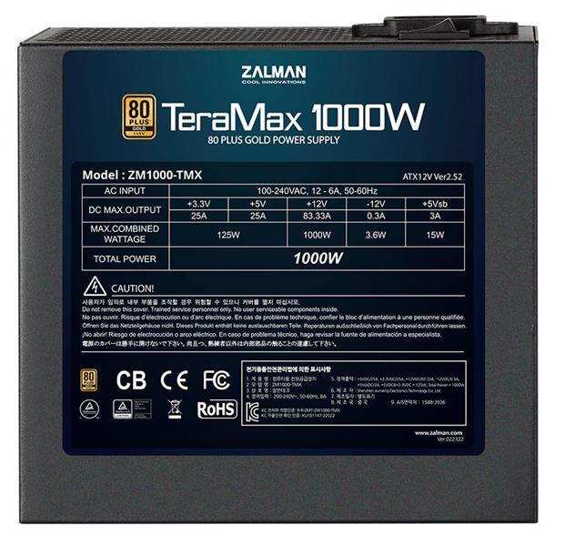 Блок питания Zalman ZM1200-TMX, 1200W, ATX12V v2.52, APFC, 12cm Fan, 80+ Gold, Full Modular, Retail