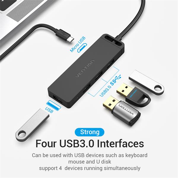 Порт-репликатор Vention Type-C to 4-Port USB 3.0 Hub with Power Supply Black 0.15M ABS Type