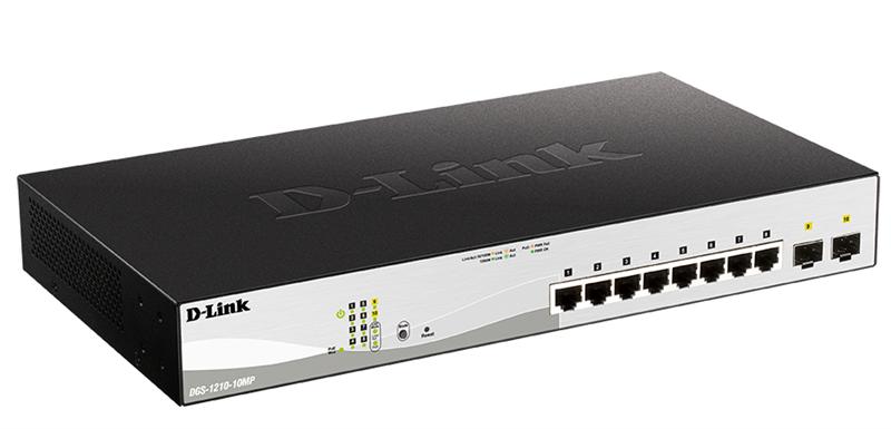 Коммутатор D-Link DGS-1210-10MP/FL1A, L2 Managed Switch with 8 10/100/1000Base-T ports and 2 1000Base-X SFP ports (8 PoE ports 802.3af/802.3at (30 W), PoE Budget 130 W).8K Mac address, 802.3x Flow Control,  256