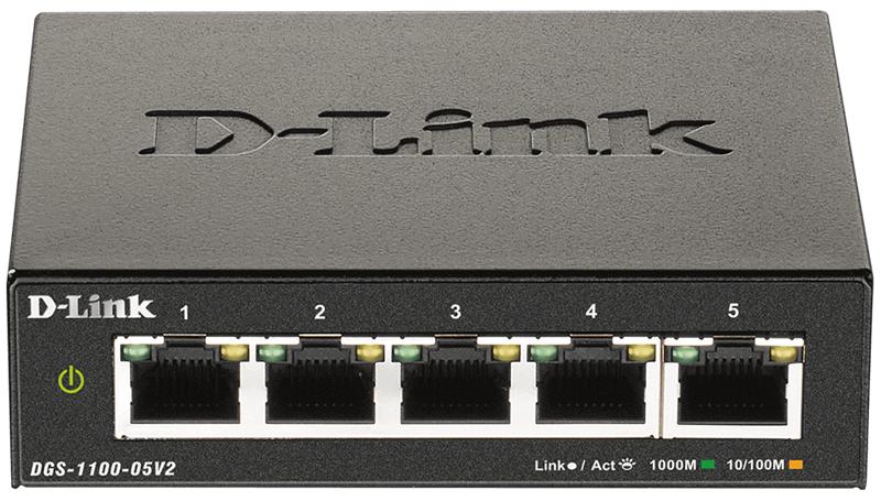 Коммутатор D-Link DGS-1100-05V2/A1A, L2 Smart Switch with 5 10/100/1000Base-T ports2K Mac address, 802.3x Flow Control,32 802.1Q VLAN, VID range 1-4094, Jumbo  9216 bytes, IGMP Snooping, Loopback Detection, Cab